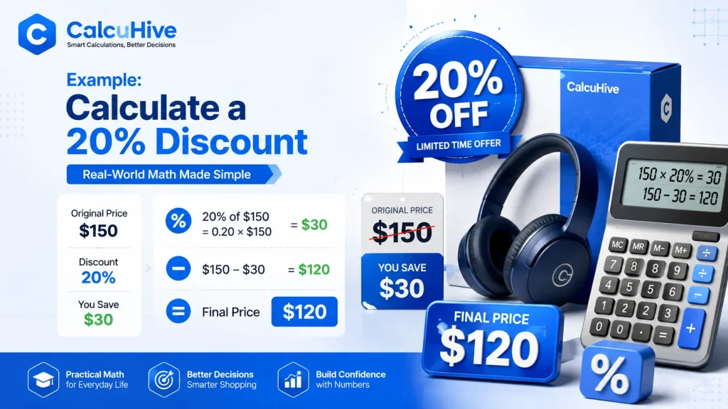 20 percent discount calculator example showing $150 reduced to $120