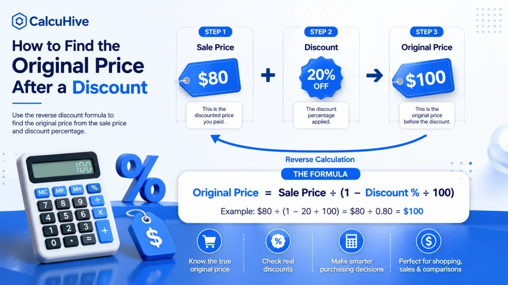 how to calculate discount showing how to find the original price after a discount