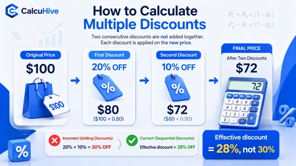 Multiple discount calculator example showing 20 percent and 10 percent discounts
