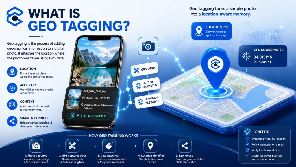 What is geo tagging showing a photo connected to GPS location data