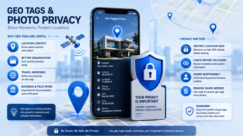 Geo tags and photo privacy with GPS location protected by security shield