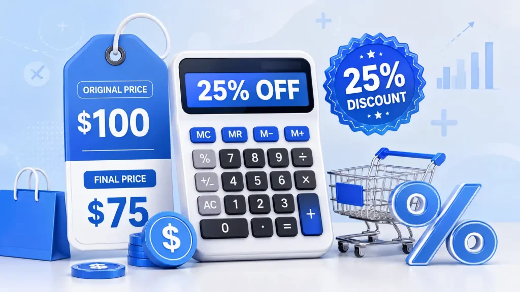 Percentage discount formula showing $200 at 15% off equals $170