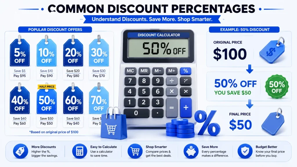 Common discount percentages from 5% to 70% with discount calculator