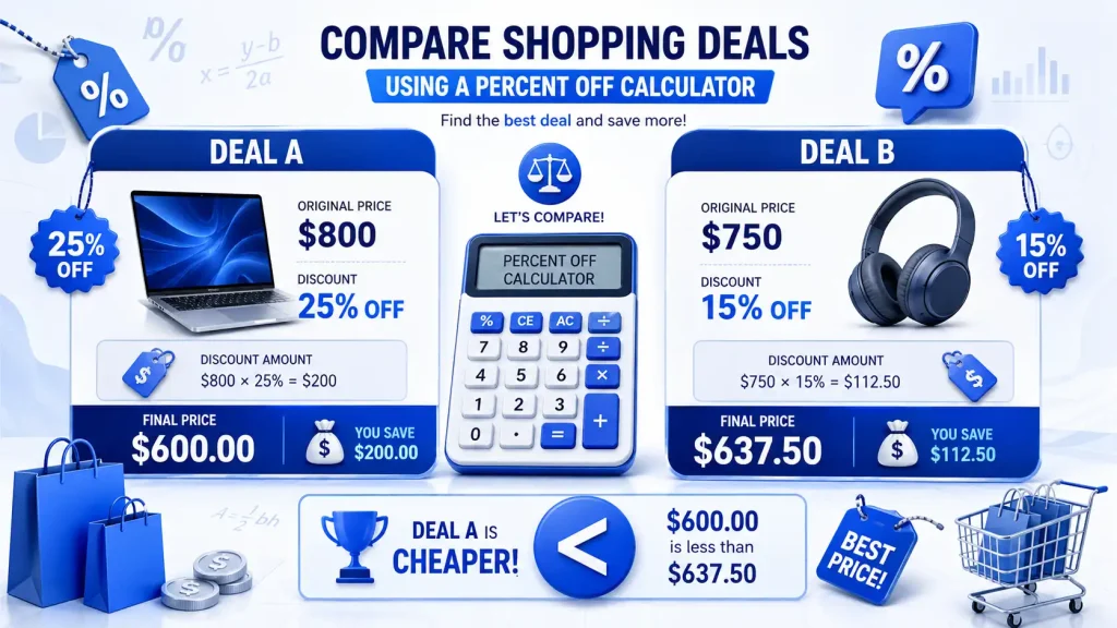 Discount calculator comparing percentage discounts and final shopping prices