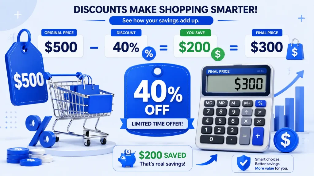 50 percent discount calculator showing $100 reduced to $50