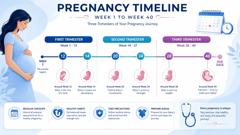 Pregnancy trimester timeline from week 1 to week 40