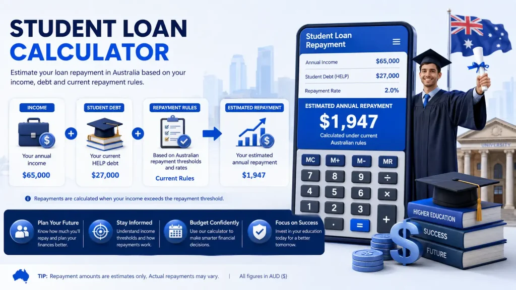 Student loan calculator estimating repayments based on income and student debt