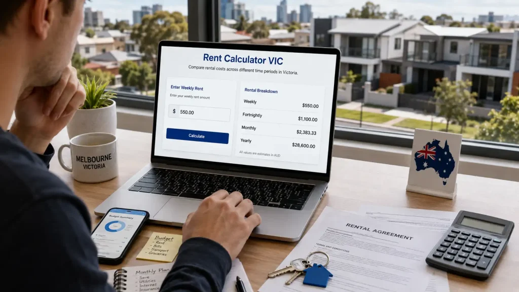 Modern rental property illustration featuring a rent calculator for estimating property rental costs and income.