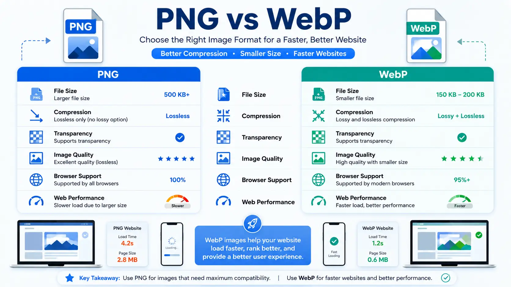WebP image optimization improving website loading speed on laptop and smartphone.