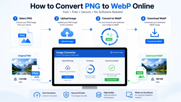 PNG vs WebP comparison showing file size, compression, transparency, quality, browser support, and website performance.