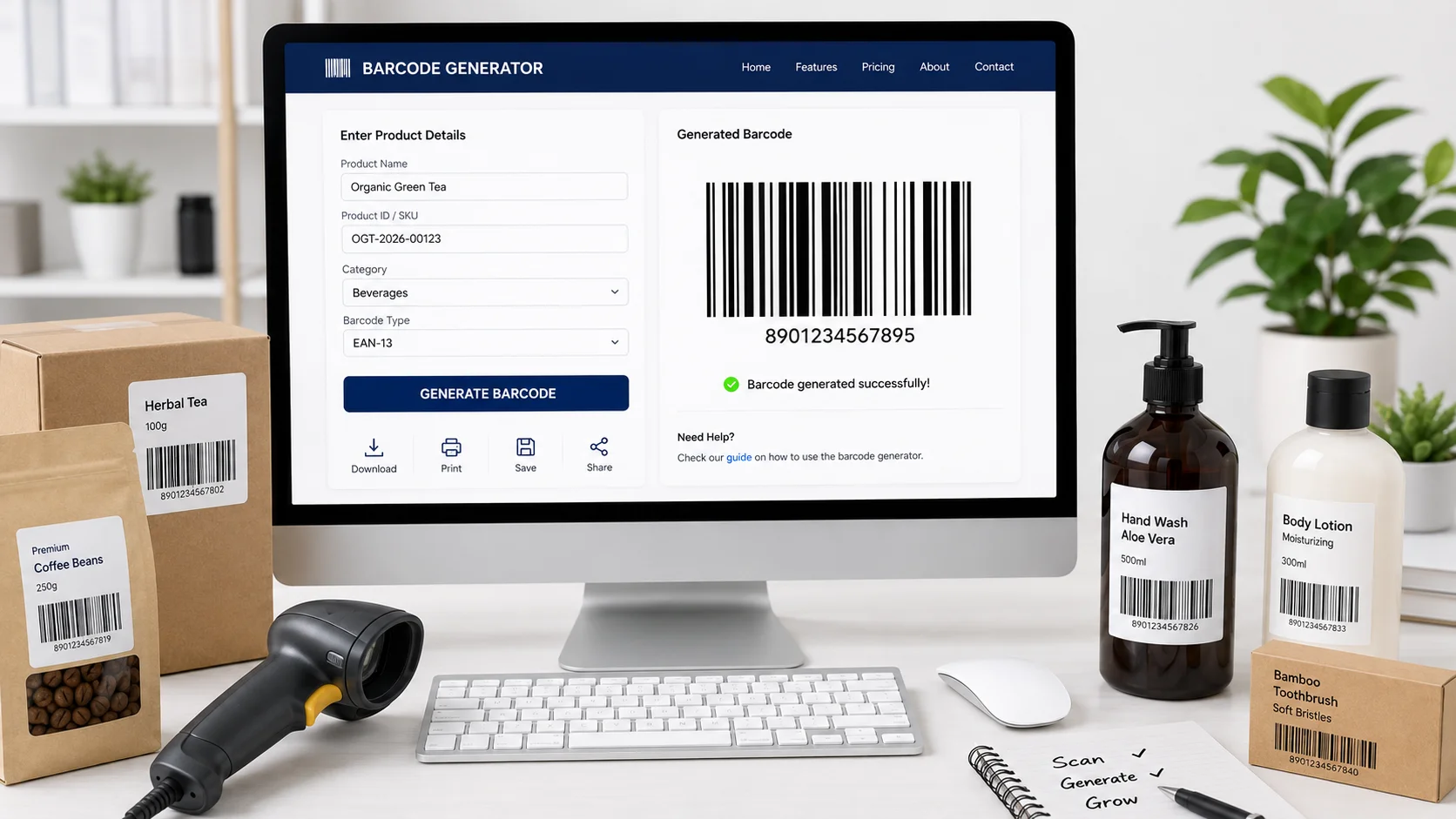 Free online barcode generator tool creating a scannable barcode
