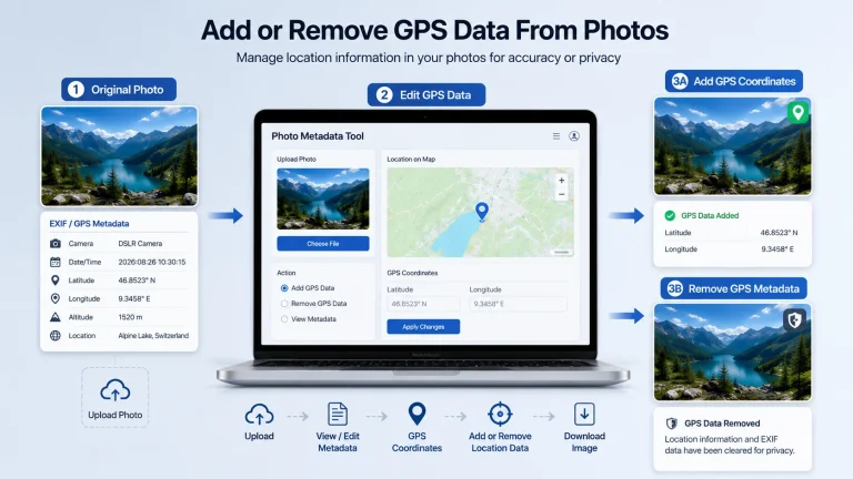 Geotagged photos showing GPS location and EXIF metadata