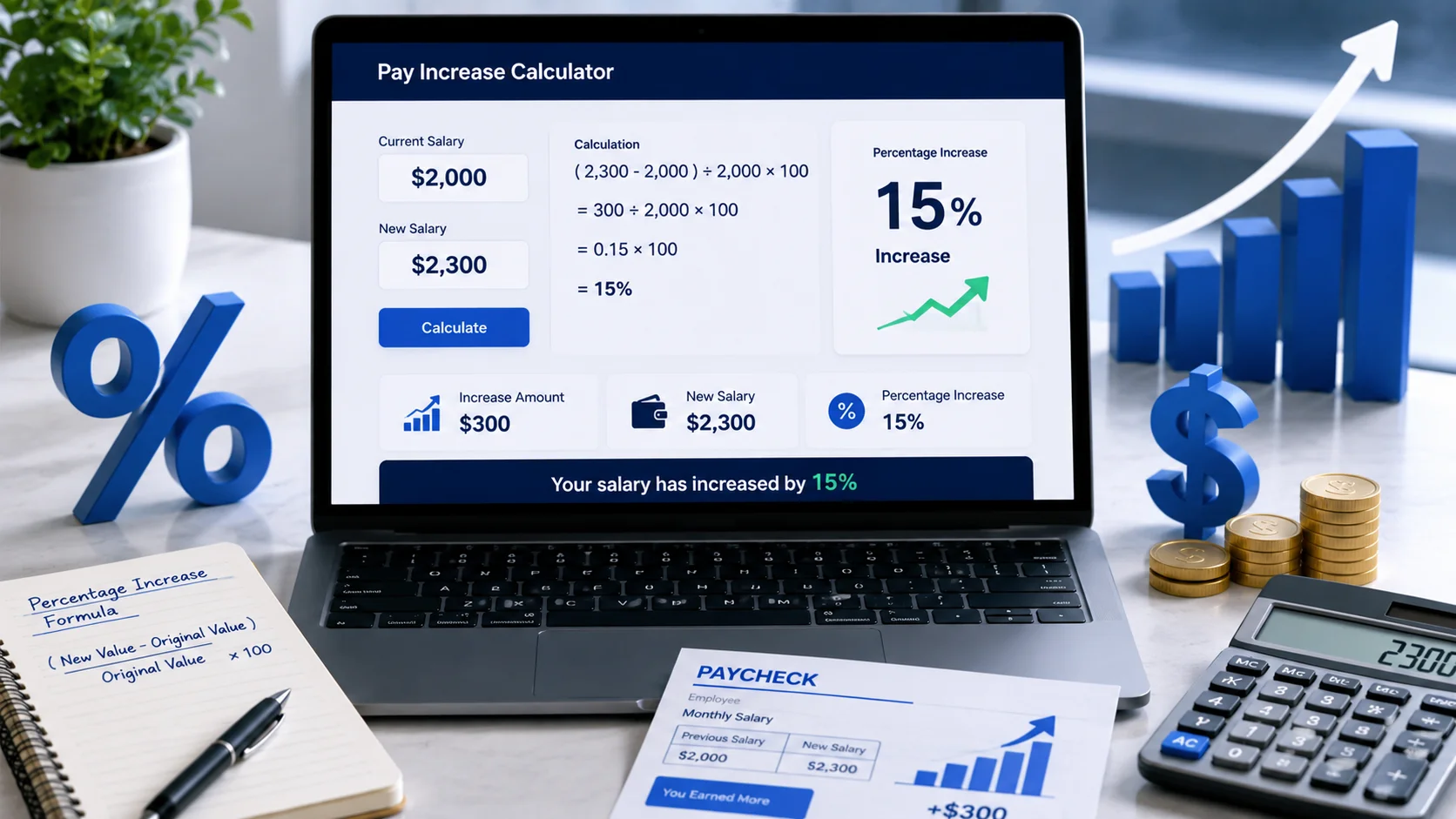Percentage increase and pay increase calculator example
