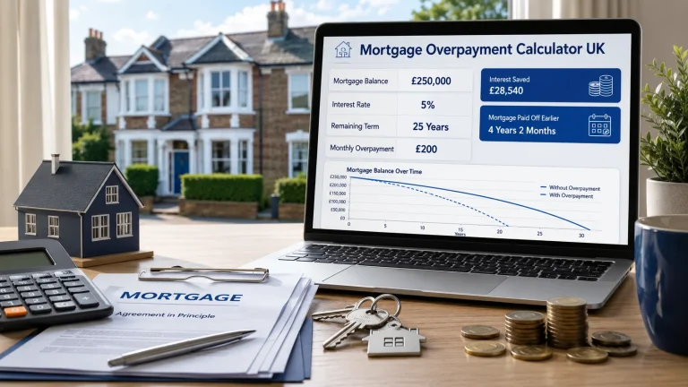 Mortgage overpayment calculator UK showing a £250,000 mortgage, 5% interest rate and £200 monthly overpayment
