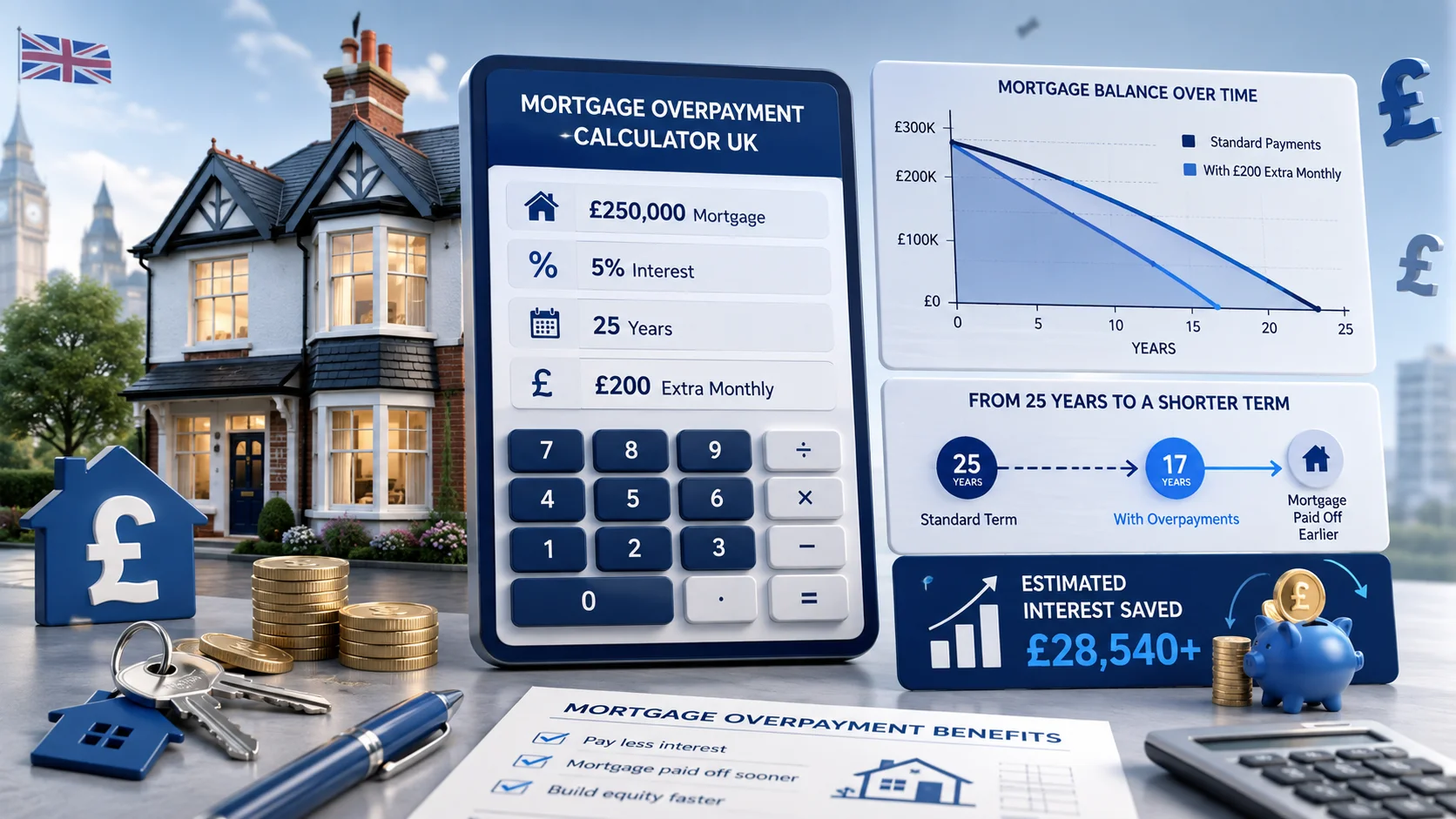 UK mortgage overpayment example showing reduced interest and faster mortgage repayment