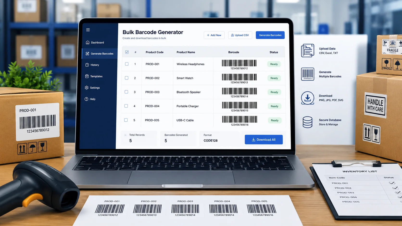 Four-step process for preparing data, selecting a barcode type, generating a batch, and printing barcodes