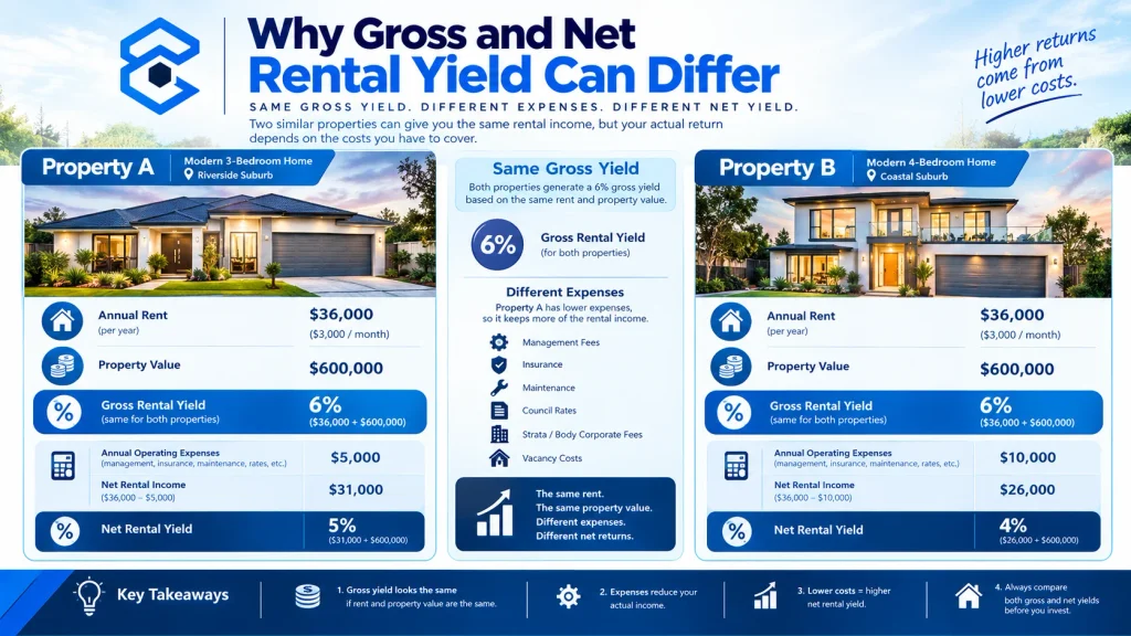 Rental property comparison showing different gross and net rental yields after expenses