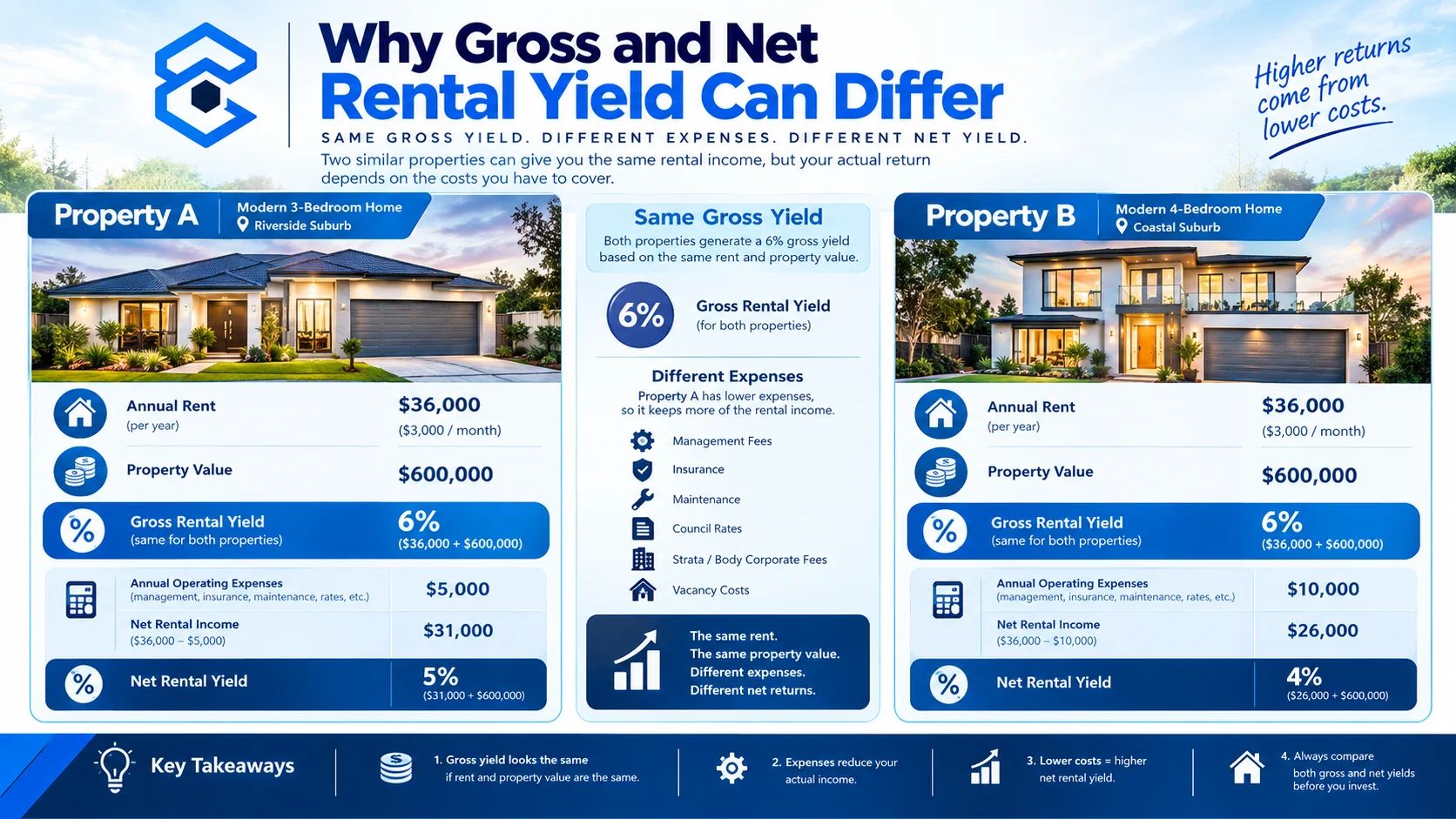 Rental property comparison showing different gross and net rental yields after expenses