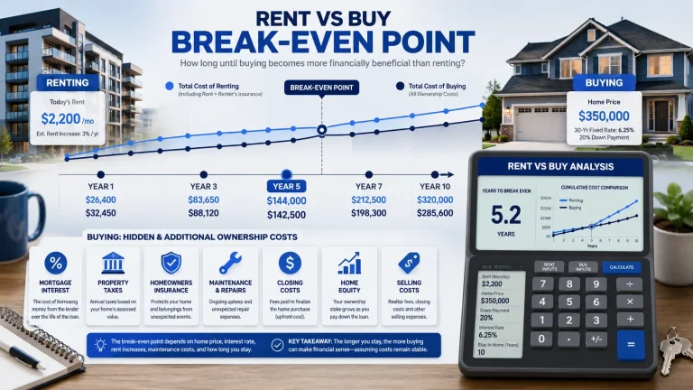 Rent vs buy calculator comparing renting and buying costs in 2026