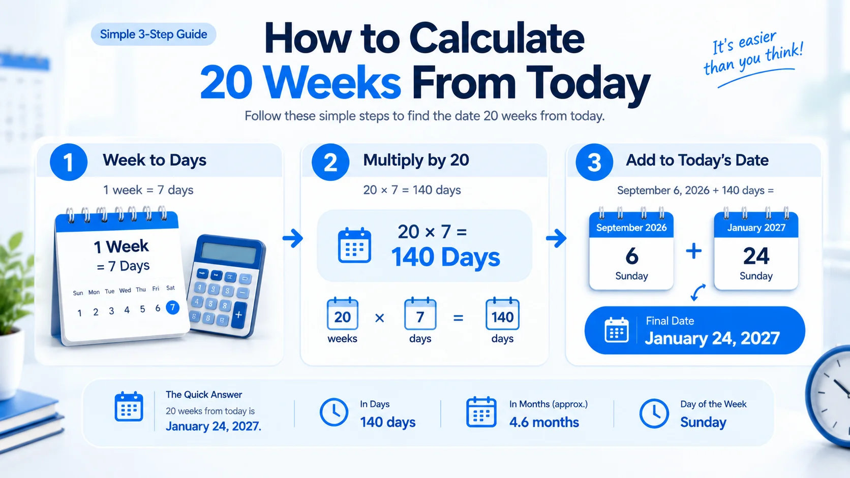 20 weeks equals 140 days and approximately 4.6 months