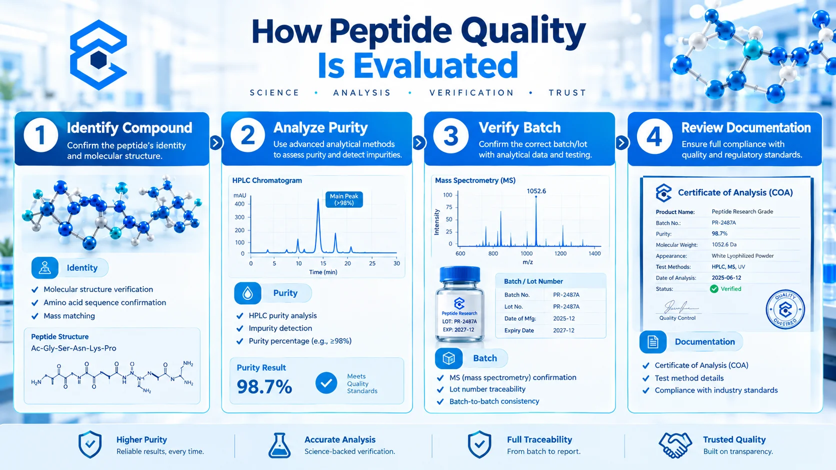 How peptide quality is evaluated using purity testing batch verification and COA documentation