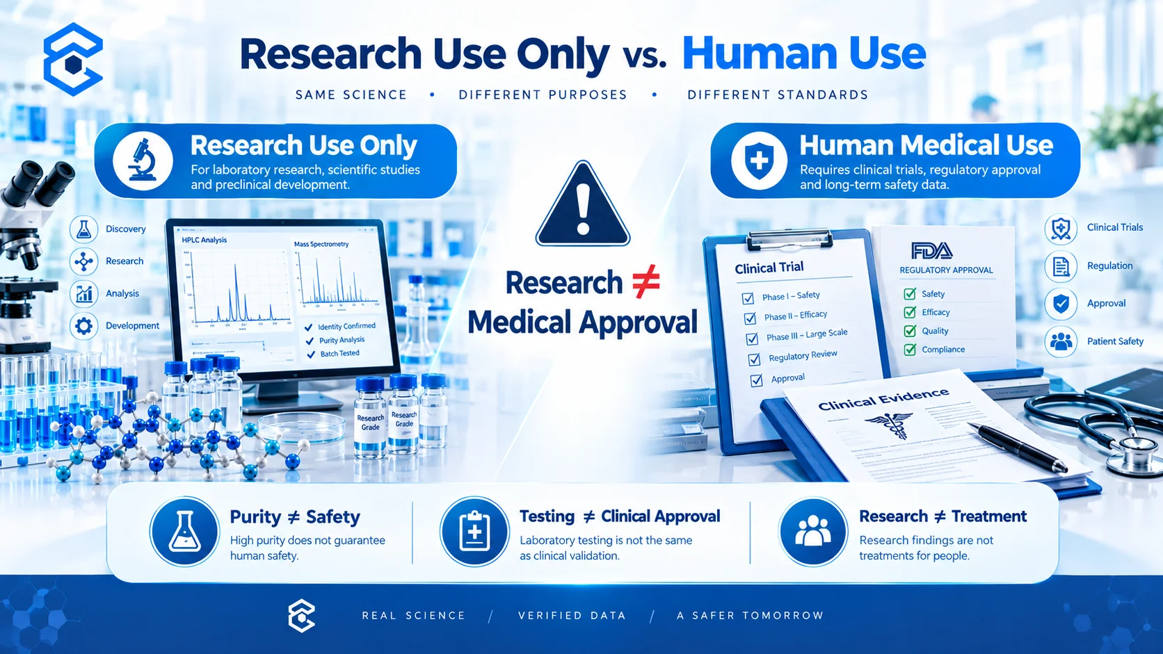 Research use only vs human use peptide comparison showing purity safety and medical approval