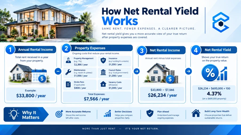 Net rental yield calculation after property expenses such as maintenance and insurance
