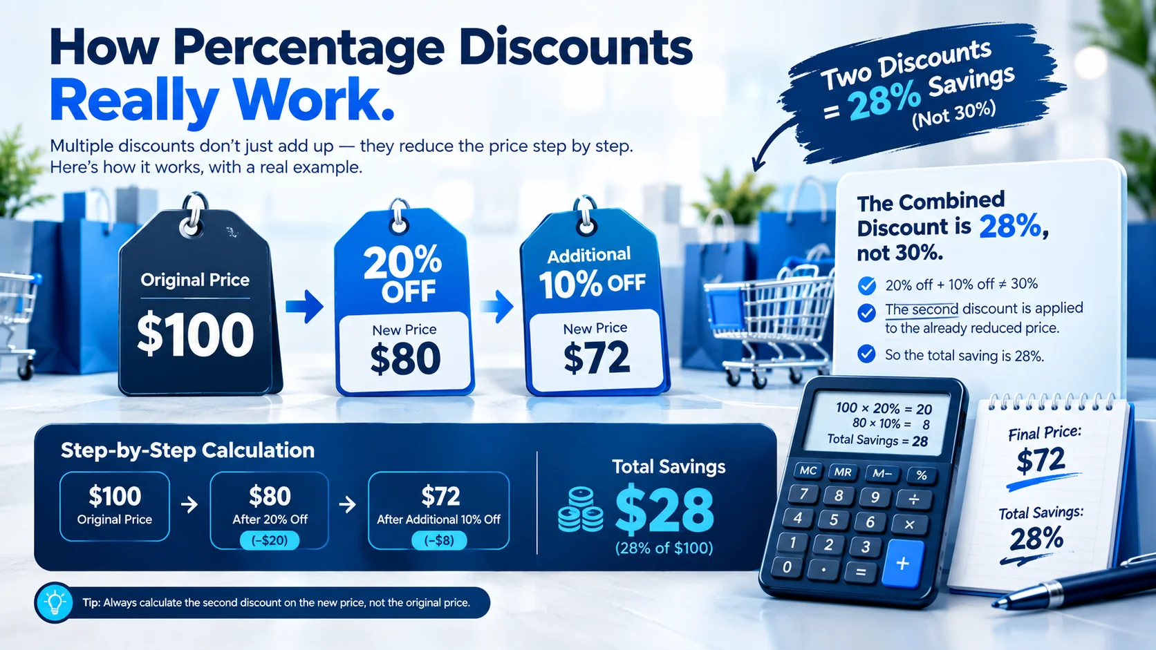 Percentage discount calculation showing original price, 25% discount, and final price of $112.50