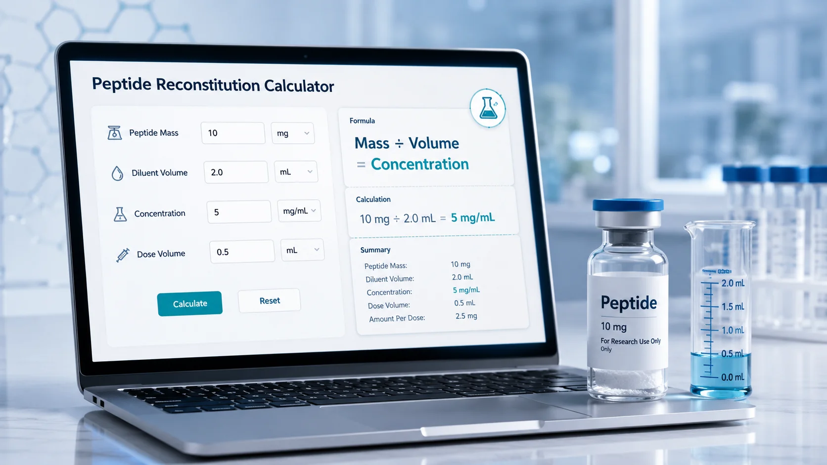 Infographic showing how peptide mass and diluent volume are used to calculate concentration