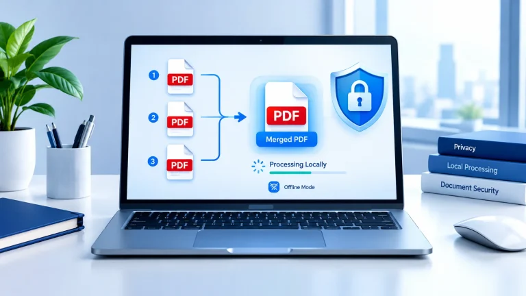 Secure PDF merging illustration showing multiple PDF documents combined into one file with digital document protection.