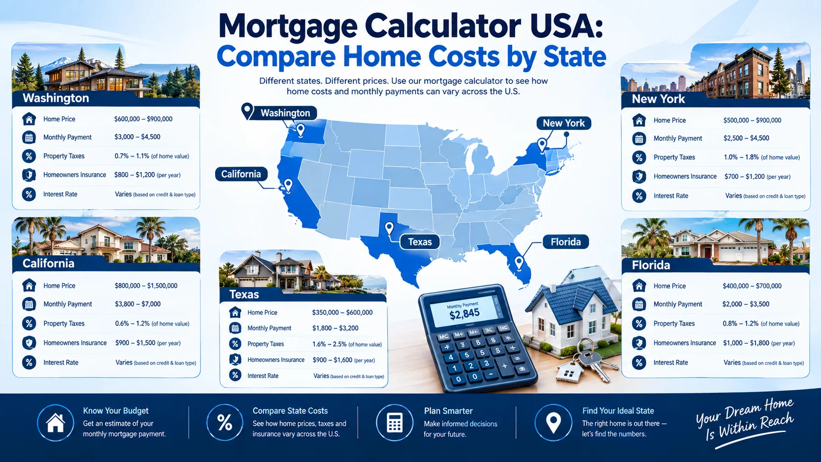 Mortgage calculator USA comparing mortgage costs across California, Texas, Florida, Washington, and New York