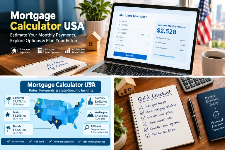 Mortgage calculator USA showing home price, down payment, interest rate, and monthly payment