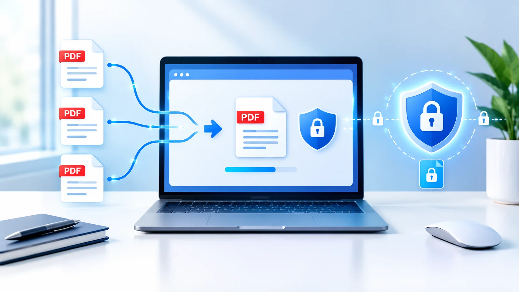 Merge PDF files locally on a computer, combining three documents into one PDF with privacy and offline processing symbols.