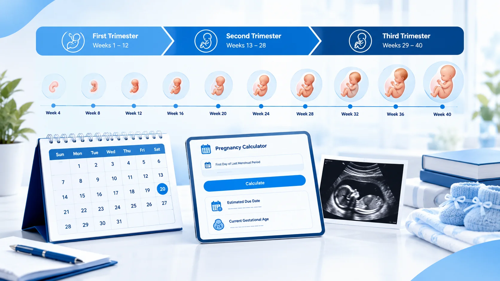 Pregnancy weeks timeline showing baby development from early to late pregnancy