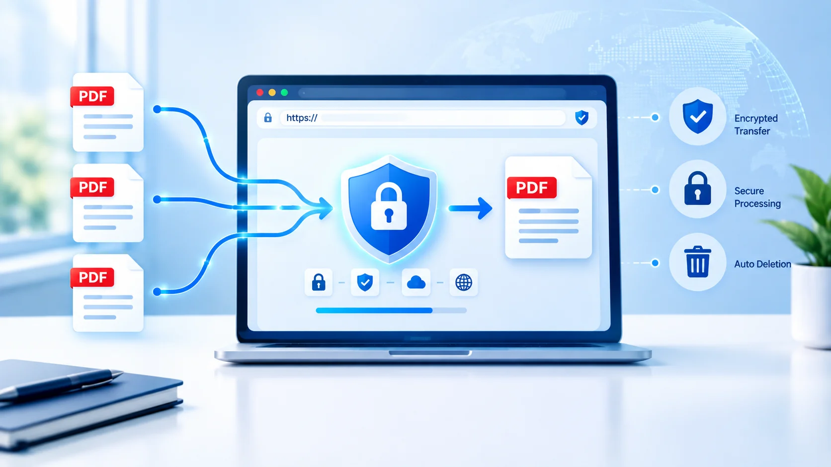 Online PDF privacy illustration showing PDF files entering a merging interface protected by a digital shield and padlock.